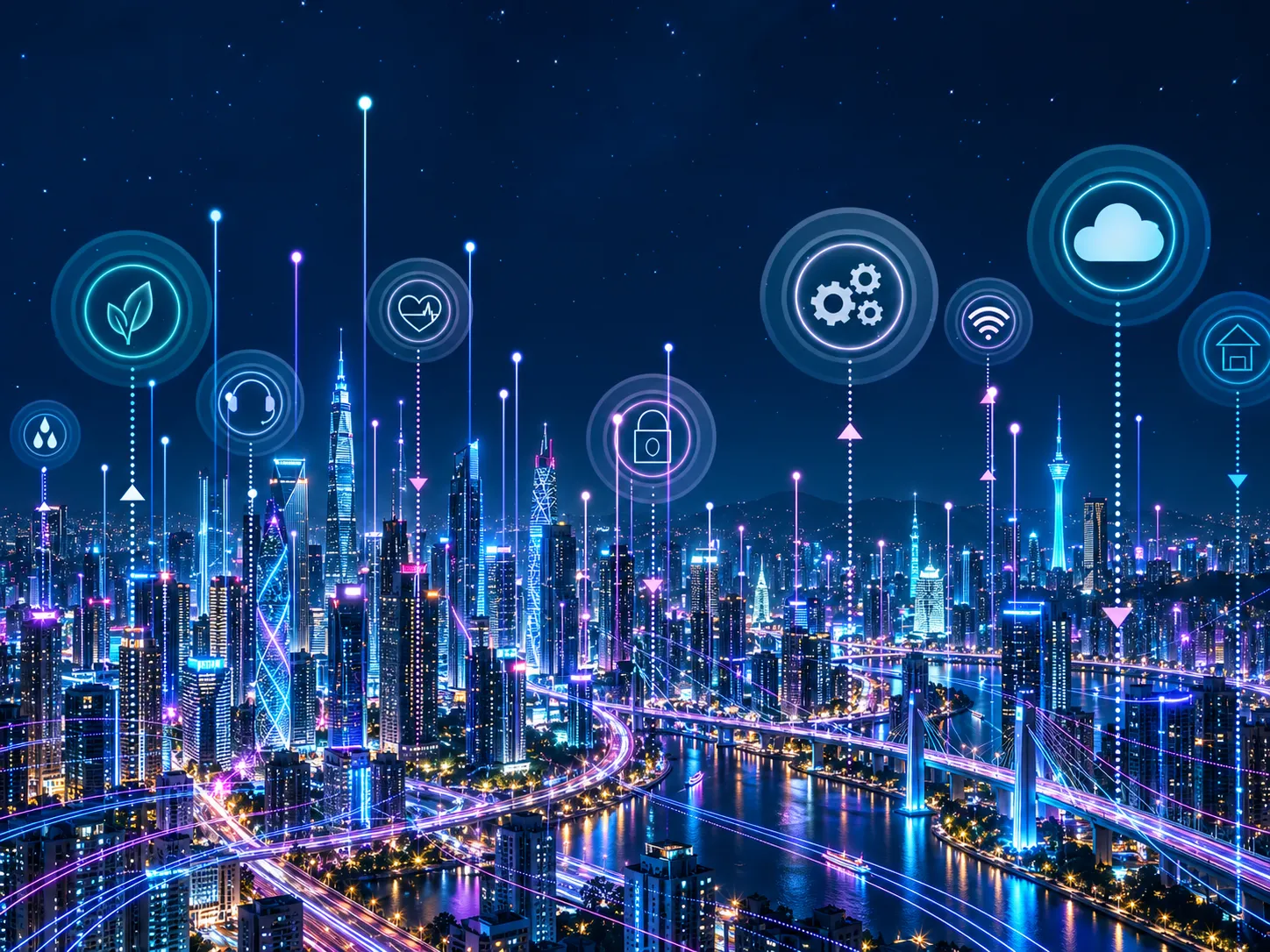 Neon Smart City Network at Night The Most Common Smart City IoT Applications in North America